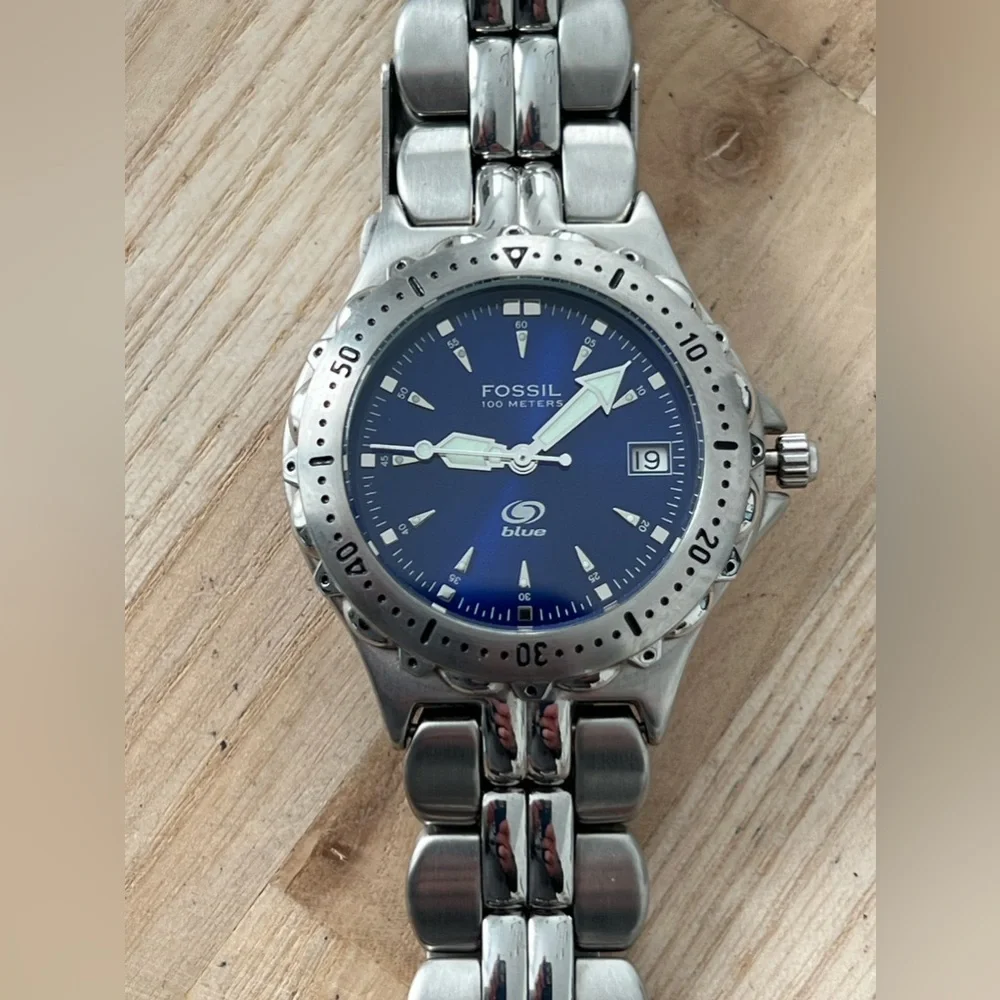 Fossil Blue Watch Stainless Weave Bracelet Dark Blue Dial Date Window